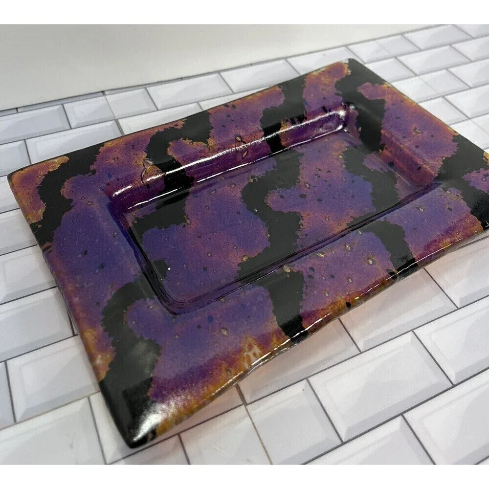 Fused Art Glass Medium Multicolored Trinket Tray Dish Artist Signed - Picture 2 of 10